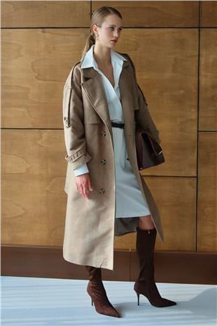 Kadın BEJ Düğme Kapamalı Kuşaklı Trençkot VS01431