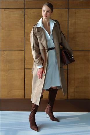 Kadın BEJ Düğme Kapamalı Kuşaklı Trençkot VS01431