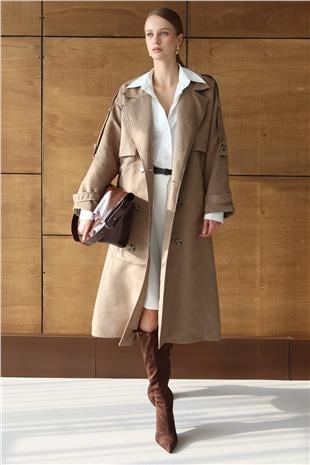 Kadın BEJ Düğme Kapamalı Kuşaklı Trençkot VS01431