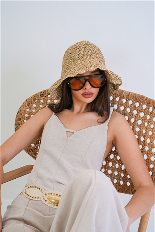 Kadın Bej Hasır Örme Bucket Yazlık Şapka Alc-X15390