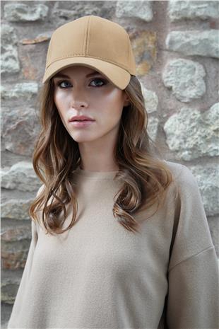 Kadın BEJ Kadife Dokulu Kavisli Siperlik Ayarlanabilir Şapka VS01228