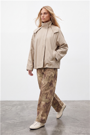 Kadın Bej Kapişonlu Gizli Patlı Oversize Trençkot Alc-X15637