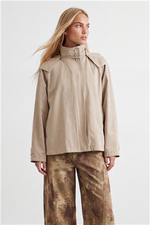 Kadın Bej Kapişonlu Gizli Patlı Oversize Trençkot Alc-X15637