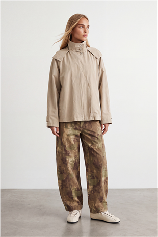 Kadın Bej Kapişonlu Gizli Patlı Oversize Trençkot Alc-X15637