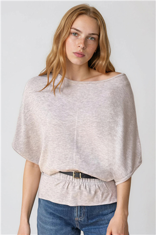 Kadın Bej Kayık Yaka Kemer Detaylı Örme Bluz Alc-X15403