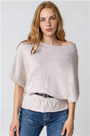 Kadın Bej Kayık Yaka Kemer Detaylı Örme Bluz Alc-X15403