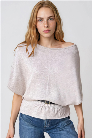 Kadın Bej Kayık Yaka Kemer Detaylı Örme Bluz Alc-X15403