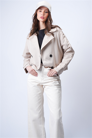 Kadın Bej Kruvaze Yaka İçi Astarlı Kısa Trenç Ceket VS01185