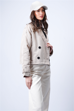 Kadın Bej Kruvaze Yaka İçi Astarlı Kısa Trenç Ceket VS01185