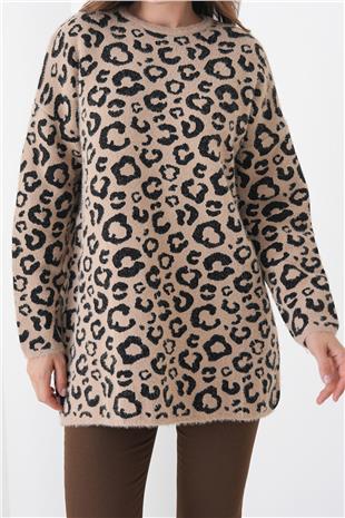 Kadın BEJ Leopar Desenli Bisiklet Yaka Yumoş Triko Kazak VS01448