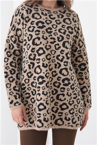 Kadın BEJ Leopar Desenli Bisiklet Yaka Yumoş Triko Kazak VS01448