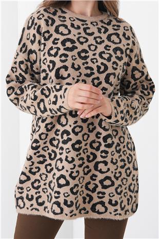 Kadın BEJ Leopar Desenli Bisiklet Yaka Yumoş Triko Kazak VS01448