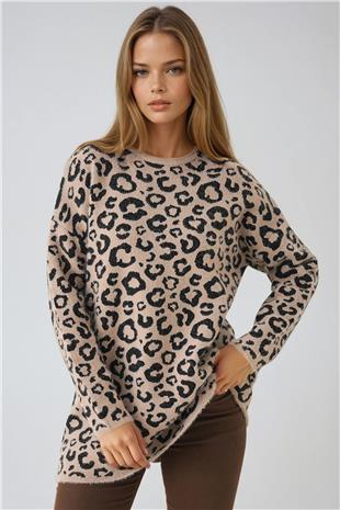 Kadın BEJ Leopar Desenli Bisiklet Yaka Yumoş Triko Kazak VS01448