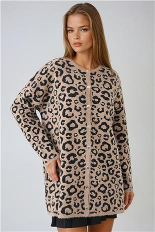 Kadın BEJ Leopar Desenli Düğmeli Yumoş Triko Hırka VS01446