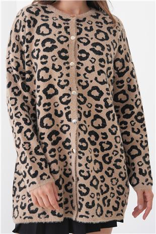 Kadın BEJ Leopar Desenli Düğmeli Yumoş Triko Hırka VS01446