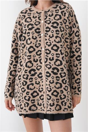 Kadın BEJ Leopar Desenli Düğmeli Yumoş Triko Hırka VS01446