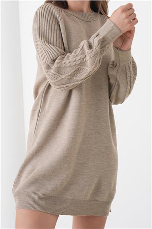 Kadın BEJ Örgü Detaylı Balon Kollu Triko Elbise VS01437