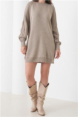 Kadın BEJ Örgü Detaylı Balon Kollu Triko Elbise VS01437