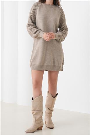 Kadın BEJ Örgü Detaylı Balon Kollu Triko Elbise VS01437