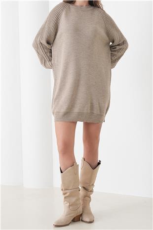 Kadın BEJ Örgü Detaylı Balon Kollu Triko Elbise VS01437