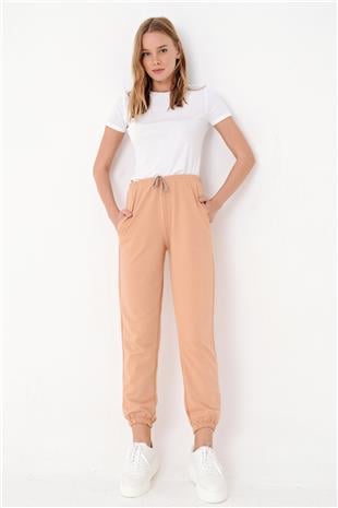 Kadın Bej Paçası Lastikli İki İplik Eşofman Altı ALC-Y2933