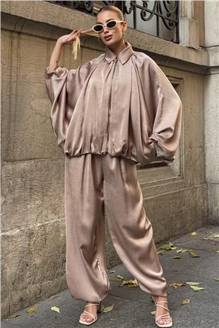 Kadın BEJ Polo Yaka Yarasa Kol Fermuar Kapamalı Ceket Ve Beli Lastlikli Pantolon Salaş Takım VS01209