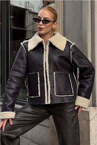 Kadın BEJ SİYAH Çift Cepli İçi Suni Kürklü Suni Deri Biker Ceket PRM0408