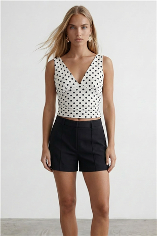 Kadın Beyaz Askılı Drape Detaylı Puantiyeli Crop Bluz Alc-X15484