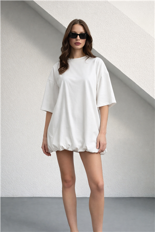 Kadın Beyaz Balon Kesim Bisiklet Yaka Oversize T-Shırt Alc-X15248