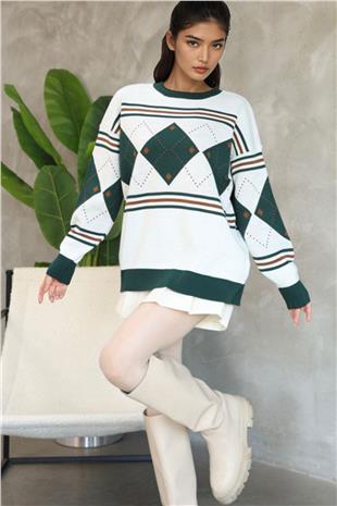 Kadın Beyaz Bisiklet Yaka Baklava Desenli Triko Kazak Alc-X14742