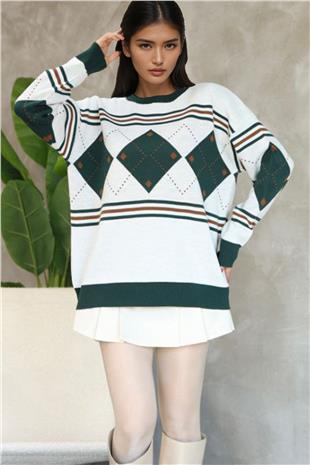 Kadın Beyaz Bisiklet Yaka Baklava Desenli Triko Kazak Alc-X14742