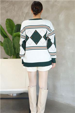 Kadın Beyaz Bisiklet Yaka Baklava Desenli Triko Kazak Alc-X14742