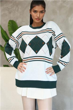Kadın Beyaz Bisiklet Yaka Baklava Desenli Triko Kazak Alc-X14742