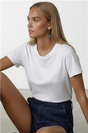 Kadın Beyaz Bisiklet Yaka Basic Bluz Alc-X15455