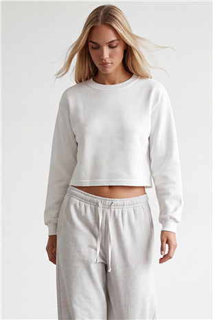 Kadın Beyaz Bisiklet Yaka Eteği Pis Dikişli 3 İplik İçi Şardonlu Sweatshirt Alc-X15863