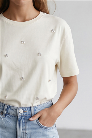 Kadın Beyaz Bisiklet Yaka Oversize İnci Ve Taş İşlemeli T-Shirt ALC-X11964