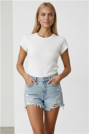 Kadın Beyaz Bisiklet Yaka Reglan Kol Likralı Örme Bluz Alc-X15388