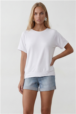 Kadın Beyaz Bisiklet Yaka Reglan Kol Oversize T-Shırt Alc-X15492