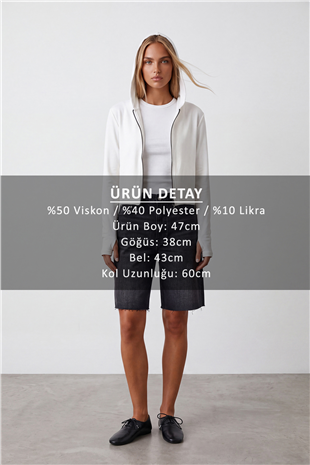 Kadın Beyaz Çift Cepli Parmak Geçmeli Fermuarlı Kapüşonlu Modal Sweatshirt Alc-X15730