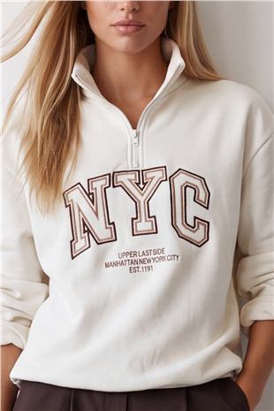 Kadın Beyaz Dik Yaka Fermuarlı 3 İplik İçi Şardonlu Ve Nakışlı Sweatshirt Alc-X15725