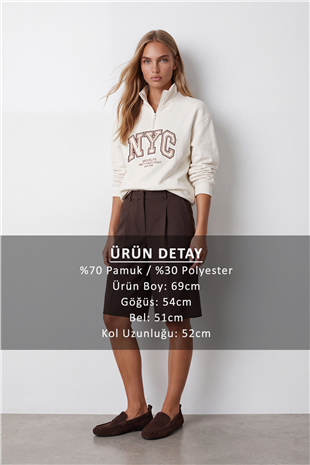 Kadın Beyaz Dik Yaka Fermuarlı 3 İplik İçi Şardonlu Ve Nakışlı Sweatshirt Alc-X15725