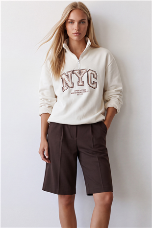 Kadın Beyaz Dik Yaka Fermuarlı 3 İplik İçi Şardonlu Ve Nakışlı Sweatshirt Alc-X15725