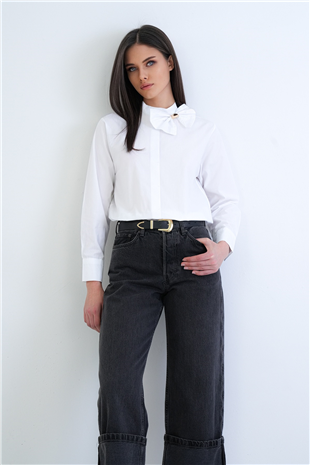Kadın Beyaz Dik Yaka Fiyonk Detaylı Manşet Kollu Poplin Bluz Alc-X15274