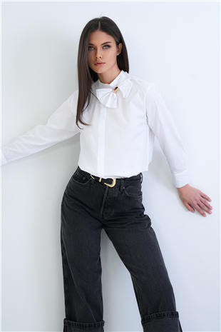 Kadın Beyaz Dik Yaka Fiyonk Detaylı Manşet Kollu Poplin Bluz Alc-X15274