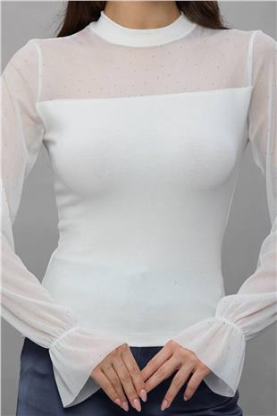 Kadın Beyaz Dik Yaka Taş İşlemeli Dantel Detaylı Örme Bluz Alc-X14898