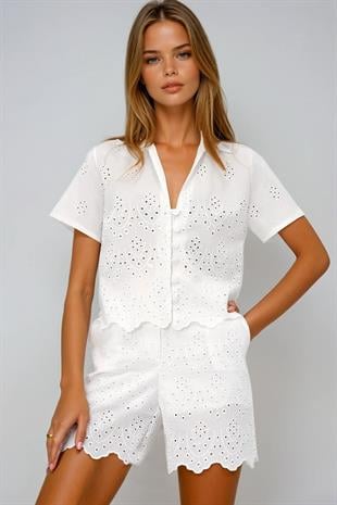 Kadın Beyaz Eteği Dilimli Fisto Dokuma Şort Alc-X13489