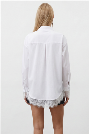 Kadın Beyaz Eteği Ve Manşetleri Dantel Detaylı Oversize Poplin Gömlek Alc-X15447
