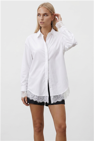 Kadın Beyaz Eteği Ve Manşetleri Dantel Detaylı Oversize Poplin Gömlek Alc-X15447