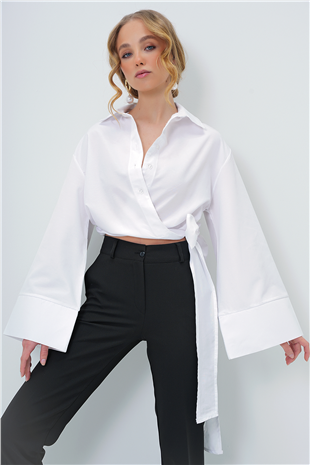 Kadın Beyaz Geniş Manşetli Kol Detaylı Önü Bağlamalı Poplin Gömlek ALC-X13750