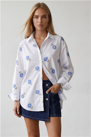 Kadın Beyaz Gizli Patlı Çiçek Desenli Oversize Poplin Gömlek Alc-X15503